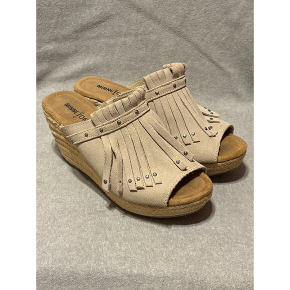 Minnetonka Size 7 Fringe Suede Leather Wedge Slides Sandals Women’s Shoes. - Picture 6 of 7